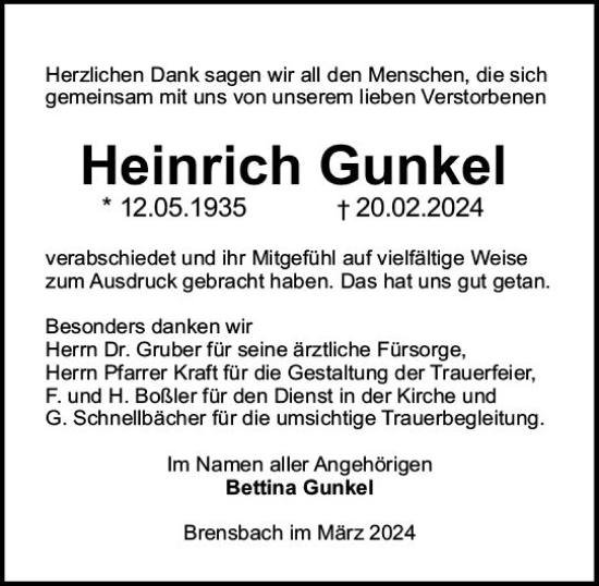 Traueranzeige von Heinrich Gunkel von Odenwälder Echo