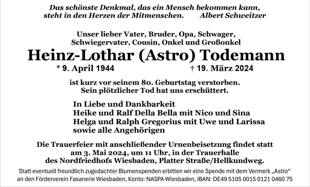  Traueranzeige für Heinz-Lothar Todemann vom 30.03.2024 aus Wiesbadener Kurier