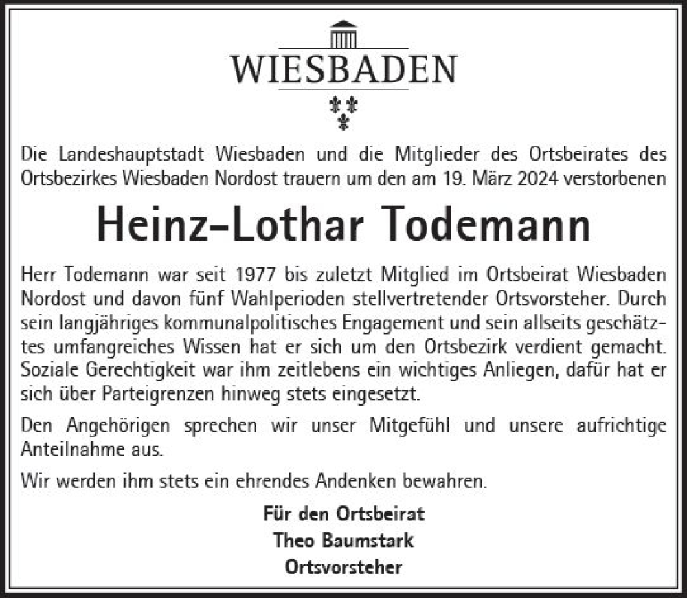  Traueranzeige für Heinz-Lothar Todemann vom 30.03.2024 aus Wiesbadener Kurier