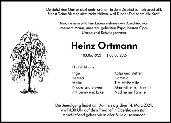 Traueranzeige von Heinz Ortmann von Dill Block