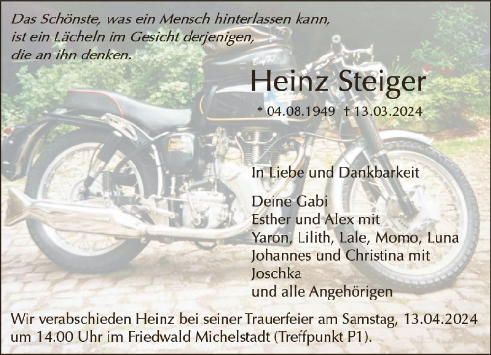  Traueranzeige für Heinz Steiger vom 23.03.2024 aus Odenwälder Echo