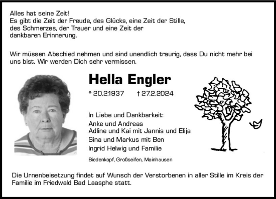 Traueranzeige von Hella Engler von Hinterländer Anzeiger