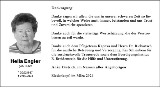 Traueranzeige von Hella Engler von Hinterländer Anzeiger