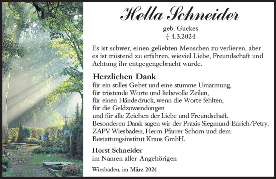 Traueranzeige von Hella Schneider von Wiesbadener Kurier