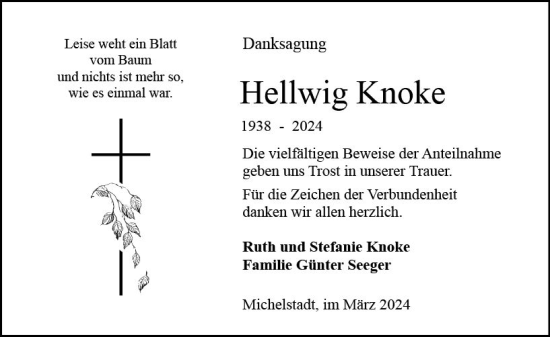 Traueranzeige von Hellwig Knoke von Odenwälder Echo