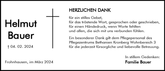 Traueranzeige von Helmut Bauer von Dill Block