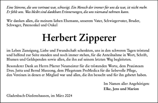 Traueranzeige von Herbert Zipperer von Hinterländer Anzeiger