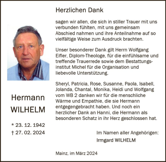 Traueranzeige von Hermann Wilhelm von Allgemeine Zeitung Mainz