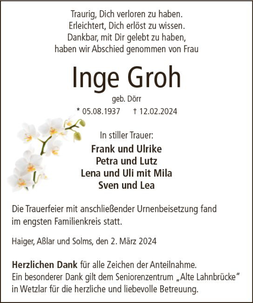  Traueranzeige für Inge Groh vom 02.03.2024 aus Wetzlarer Neue Zeitung
