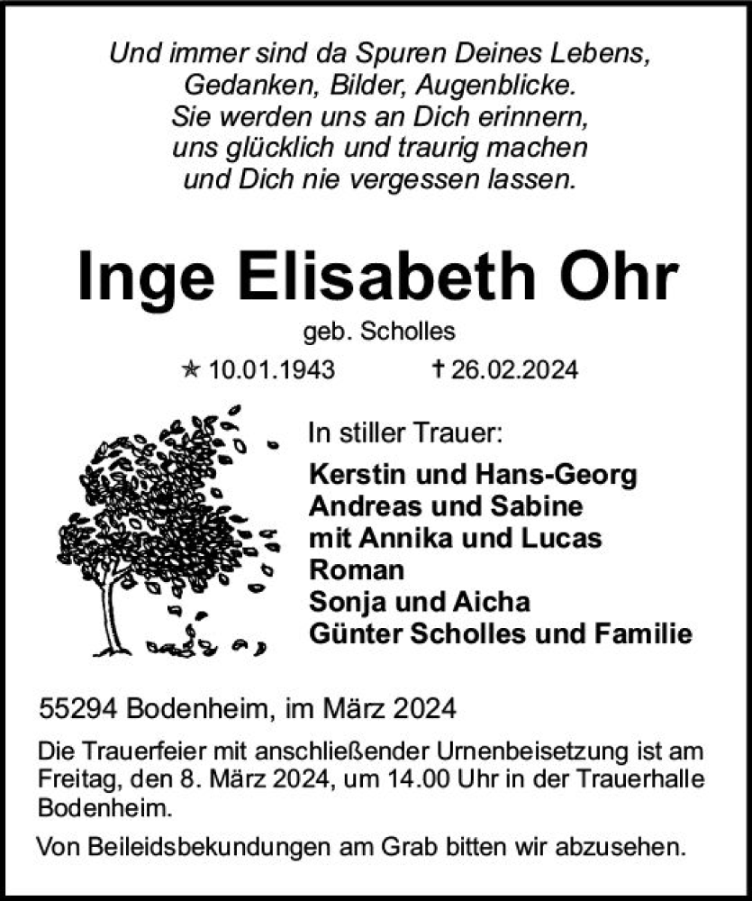  Traueranzeige für Inge Elisabeth Ohr vom 02.03.2024 aus Allgemeine Zeitung Mainz