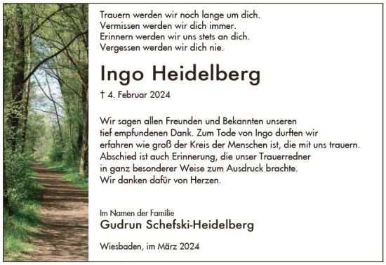 Traueranzeige von Ingo Heidelberg von Wiesbadener Kurier