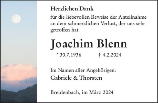 Traueranzeige von Joachim Blenn von Hinterländer Anzeiger
