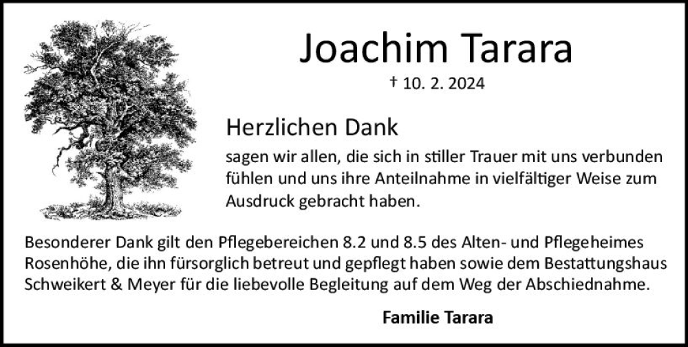  Traueranzeige für Joachim Tarara vom 16.03.2024 aus Odenwälder Echo