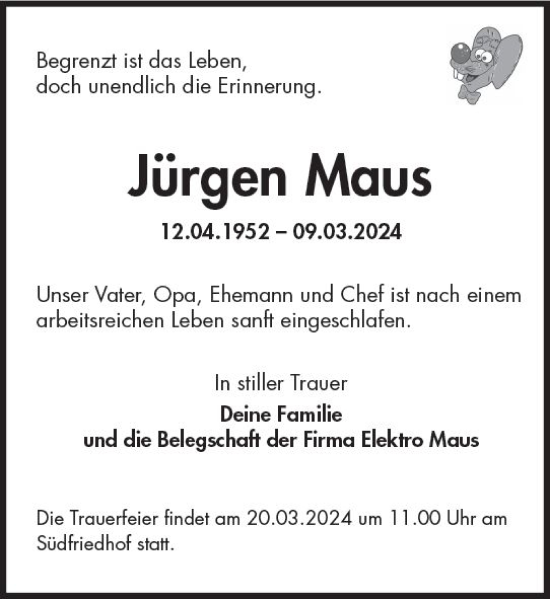 Traueranzeige von Jürgen Maus von Wiesbadener Kurier