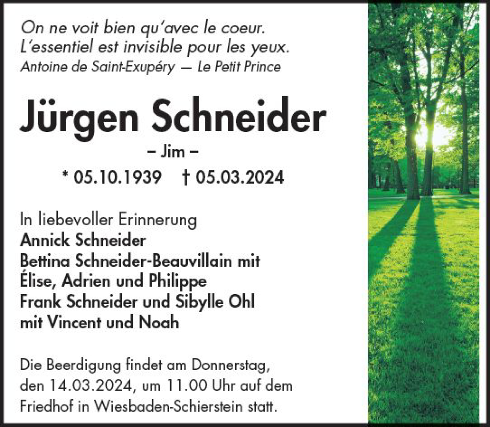  Traueranzeige für Jürgen Schneider vom 09.03.2024 aus Wiesbadener Kurier