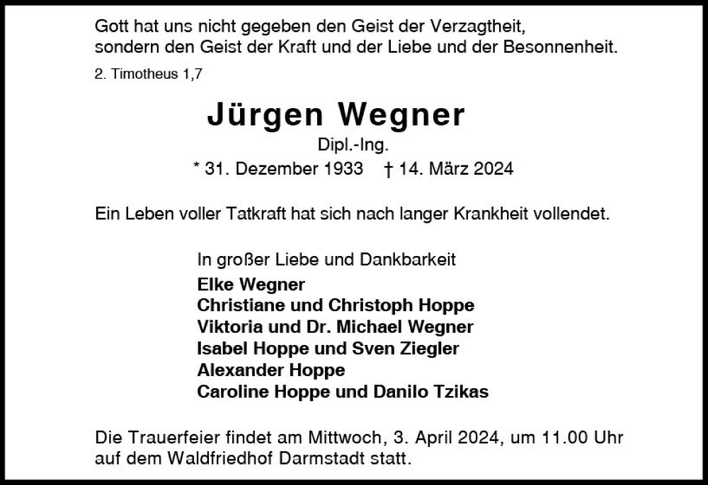  Traueranzeige für Jürgen Wegner vom 23.03.2024 aus Darmstädter Echo