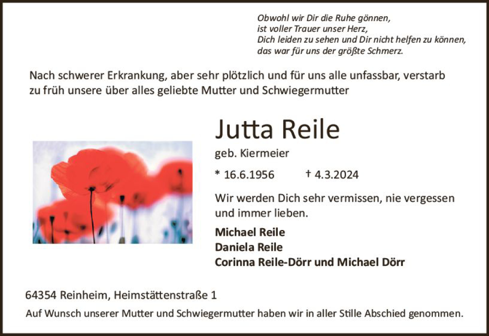  Traueranzeige für Jutta Reile vom 09.03.2024 aus Darmstädter Echo