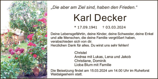 Traueranzeige von Karl Decker von Allgemeine Zeitung Bingen/Ingelheim