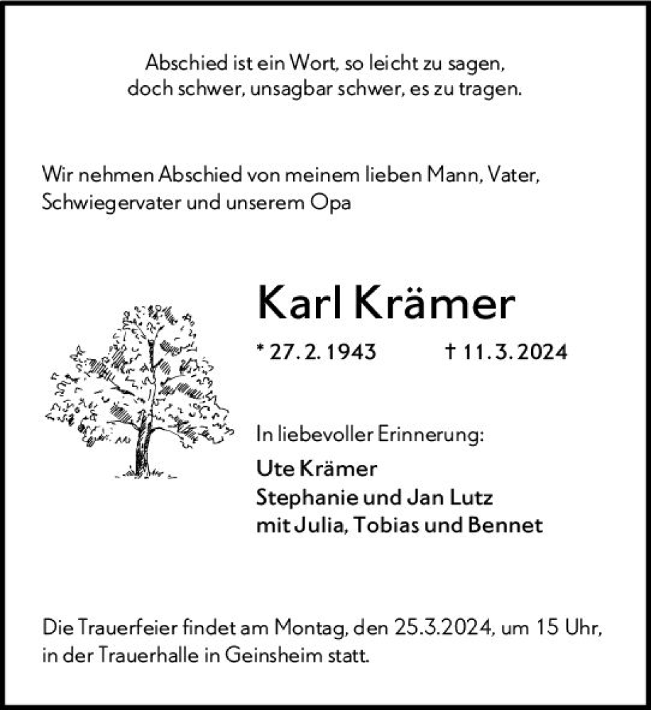  Traueranzeige für Karl Krämer vom 18.03.2024 aus Groß-Gerauer Echo