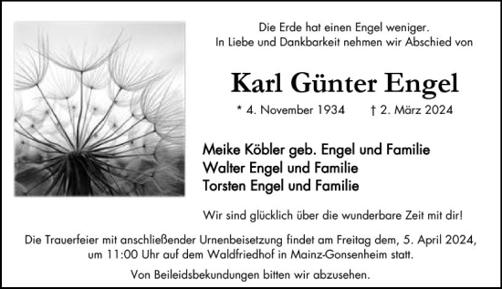 Traueranzeige von Karl Günter Engel von Allgemeine Zeitung Mainz