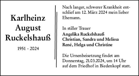 Traueranzeige von Karlheinz August Ruckelshauß von Hinterländer Anzeiger