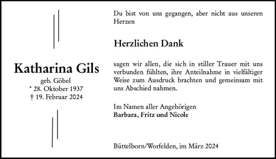 Traueranzeige von Katharina Gils von Groß-Gerauer Echo