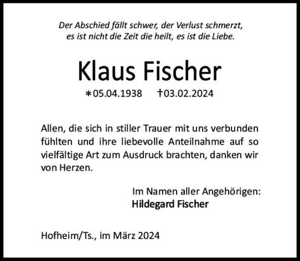  Traueranzeige für Klaus Fischer vom 16.03.2024 aus Wiesbadener Kurier