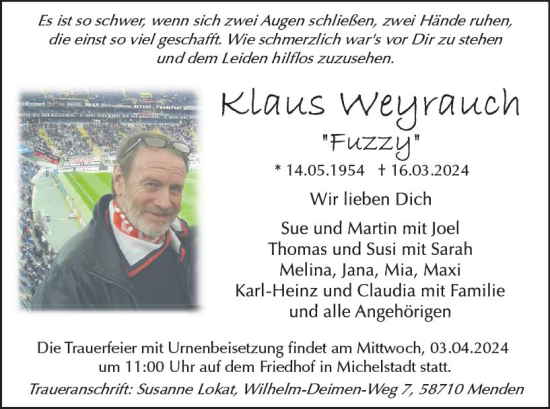 Traueranzeige von Klaus Weyrauch von Odenwälder Echo