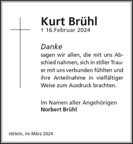 Traueranzeige von Kurt Brühl von Idsteiner Land/Untertaunus
