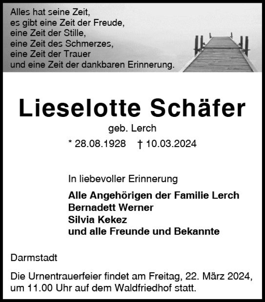  Traueranzeige für Lieselotte Schäfer vom 16.03.2024 aus Darmstädter Echo