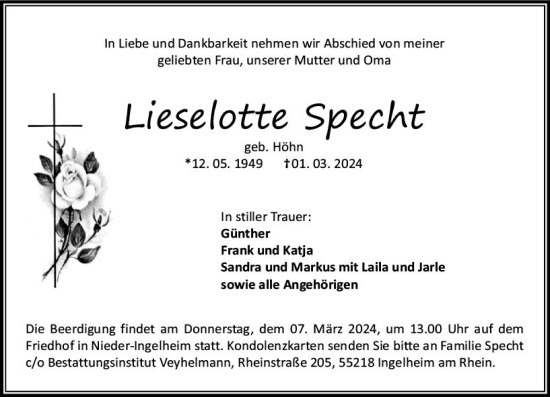 Traueranzeige von Lieselotte Specht von Allgemeine Zeitung Bingen/Ingelheim
