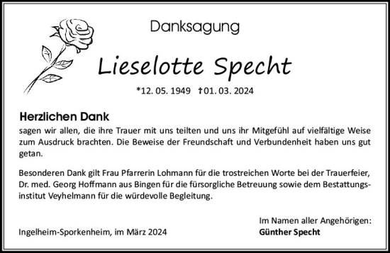 Traueranzeige von Lieselotte Specht von Allgemeine Zeitung Bingen/Ingelheim