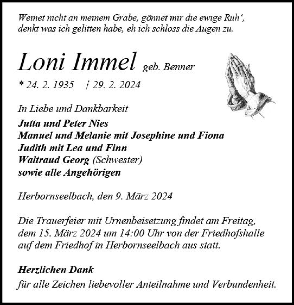  Traueranzeige für Loni Immel vom 09.03.2024 aus Dill Block