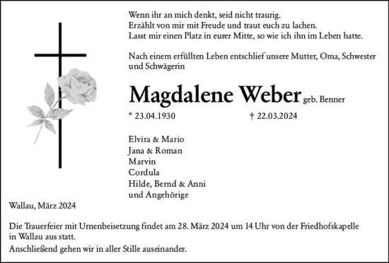 Traueranzeige von Magdalene Weber von Hinterländer Anzeiger