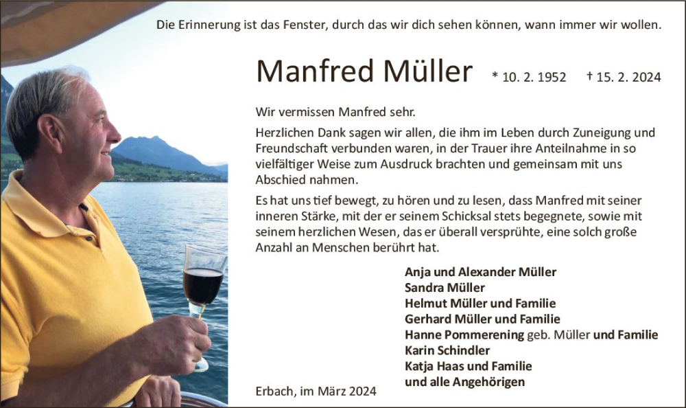  Traueranzeige für Manfred Müller vom 23.03.2024 aus Odenwälder Echo