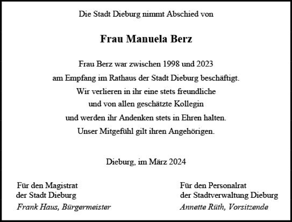  Traueranzeige für Manuela Berz vom 09.03.2024 aus Dieburger Anzeiger/Groß-Zimmerner Lokal-Anzeiger