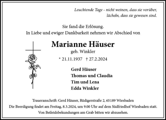 Traueranzeige von Marianne Häuser von Wiesbadener Kurier
