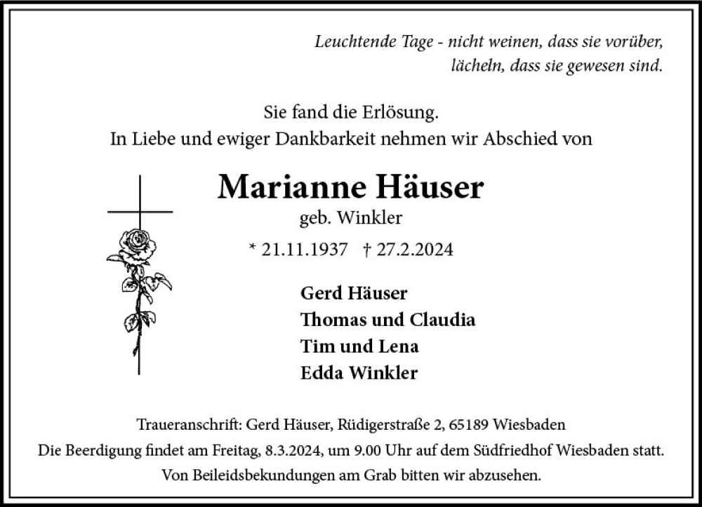  Traueranzeige für Marianne Häuser vom 02.03.2024 aus Wiesbadener Kurier