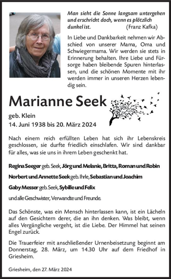 Traueranzeige von Marianne Seek von Darmstädter Echo