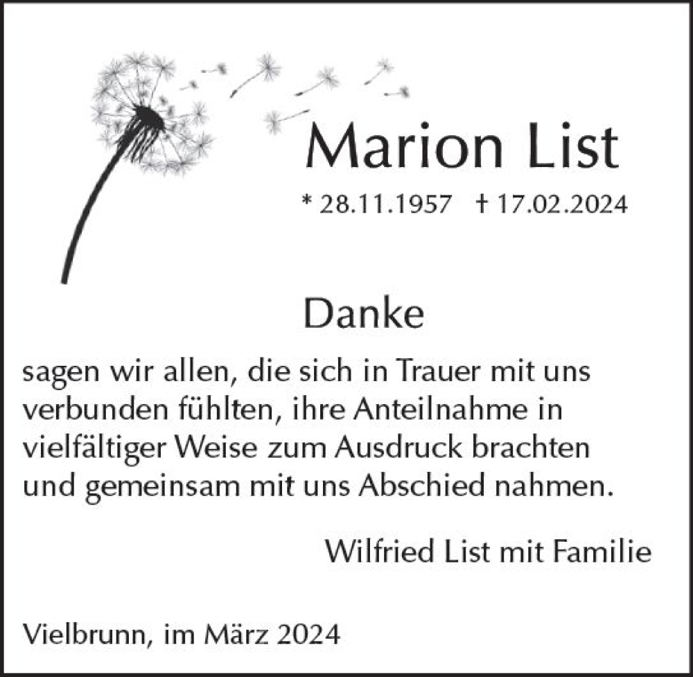  Traueranzeige für Marion List vom 16.03.2024 aus Odenwälder Echo