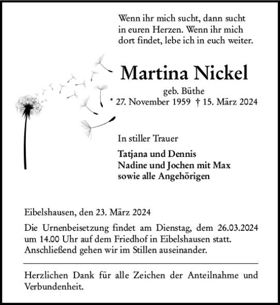 Traueranzeige von Martina Nickel von Dill Block