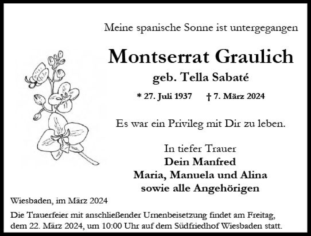  Traueranzeige für Montserrat Graulich vom 16.03.2024 aus Wiesbadener Kurier