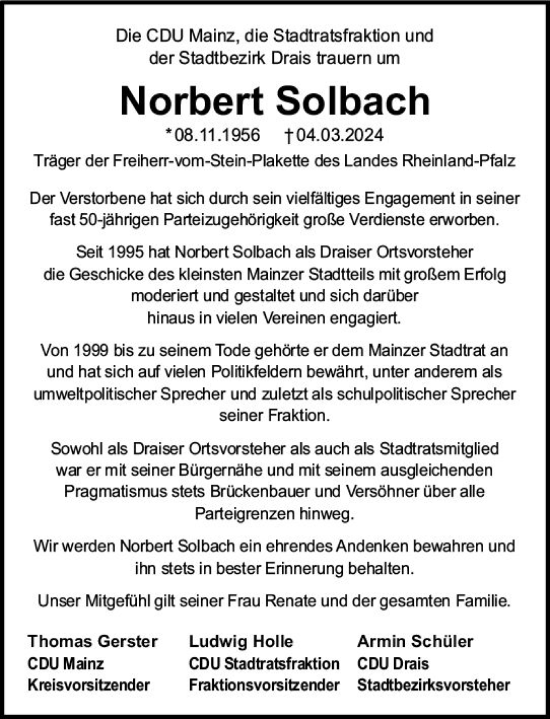 Traueranzeige von Norbert Solbach von Allgemeine Zeitung Mainz