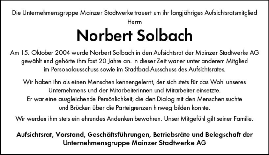Traueranzeige von Norbert Solbach von Allgemeine Zeitung Mainz