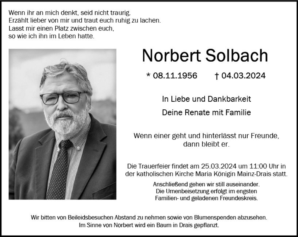  Traueranzeige für Norbert Solbach vom 09.03.2024 aus Allgemeine Zeitung Mainz