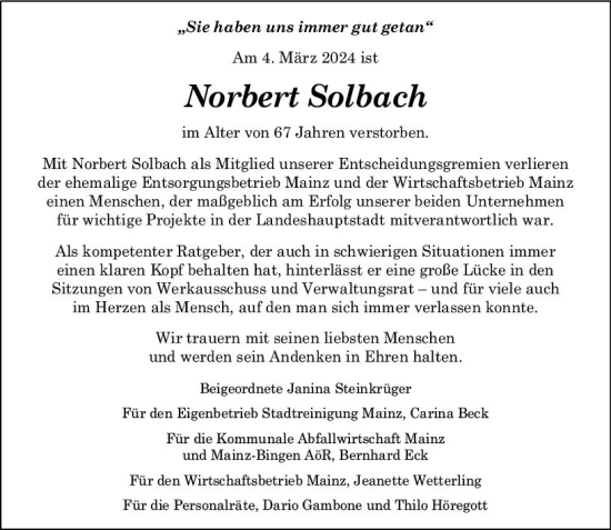 Traueranzeige von Norbert Solbach von Allgemeine Zeitung Mainz