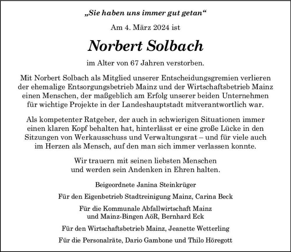  Traueranzeige für Norbert Solbach vom 20.03.2024 aus Allgemeine Zeitung Mainz