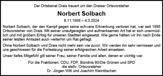 Traueranzeige von Norbert Solbach von Allgemeine Zeitung Mainz