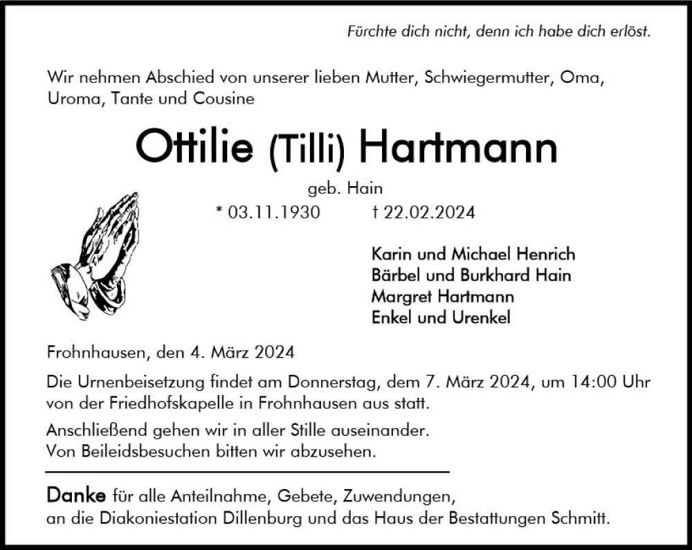  Traueranzeige für Ottilie Hartmann vom 04.03.2024 aus Dill Block