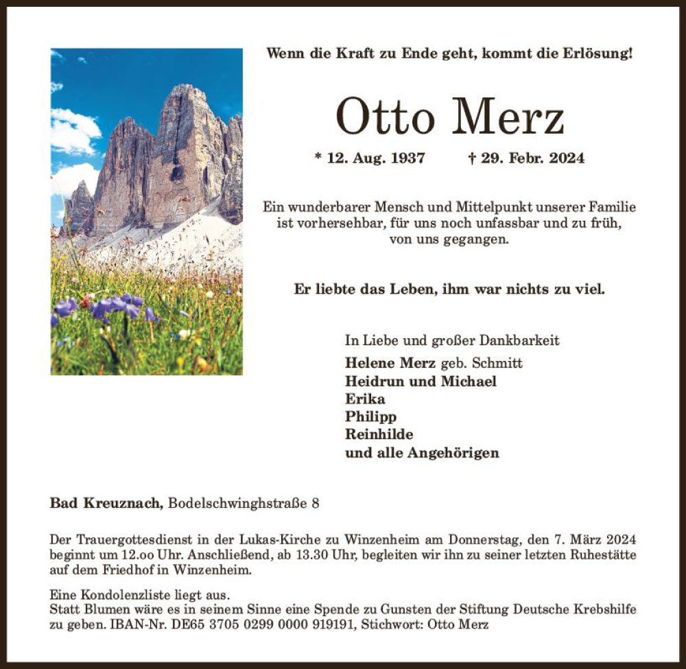  Traueranzeige für Otto Merz vom 02.03.2024 aus Allgemeine Zeitung Bad Kreuznach